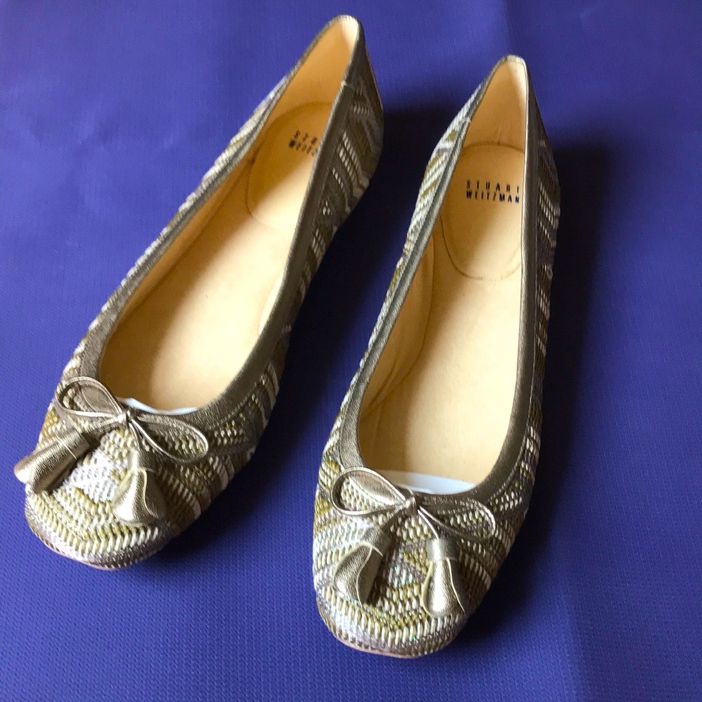 Stuart Weitzman TULIPBOW Metallic Weave Ballet Flats, 10.5 M, NEW